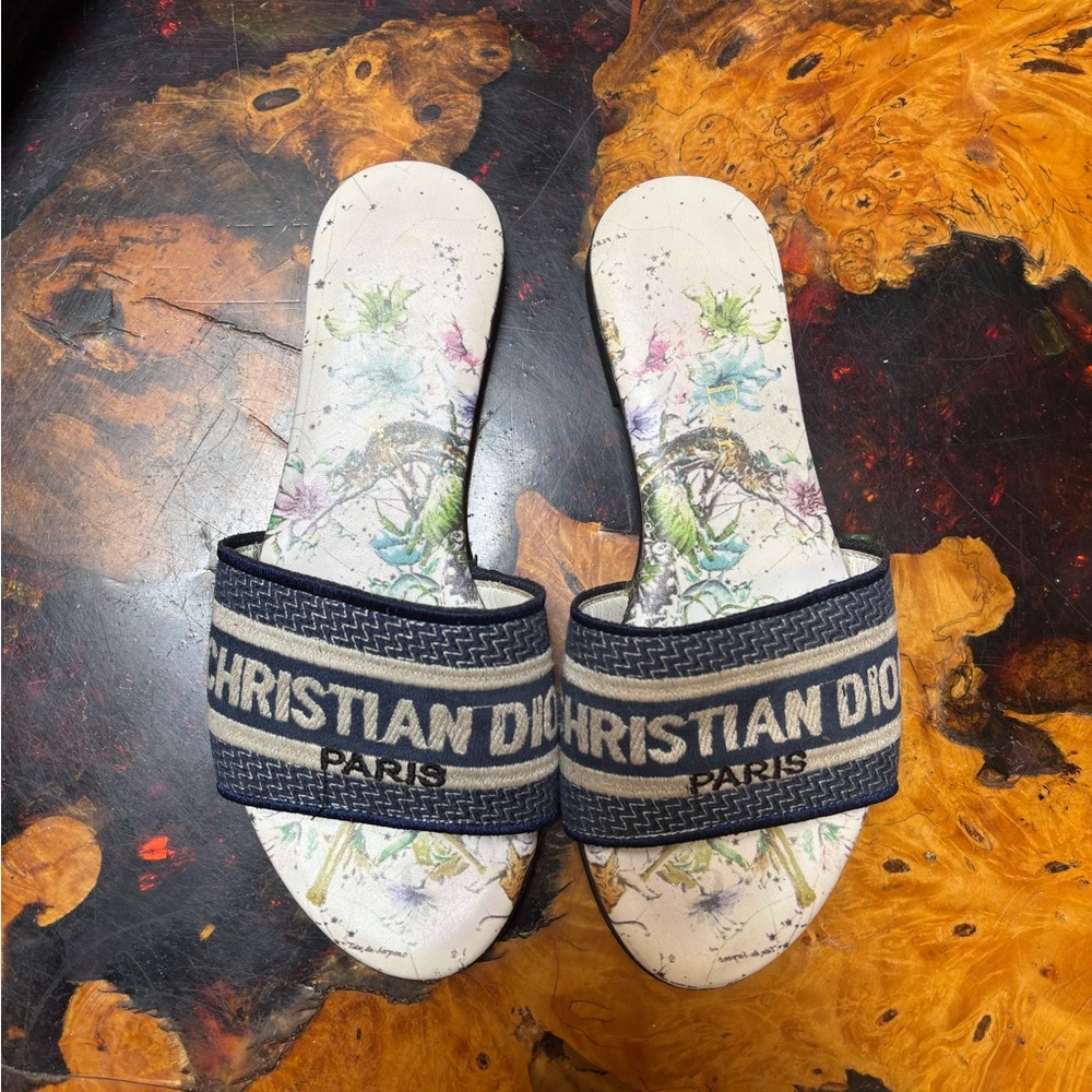 Dior Floral Sandals with Navy Straps